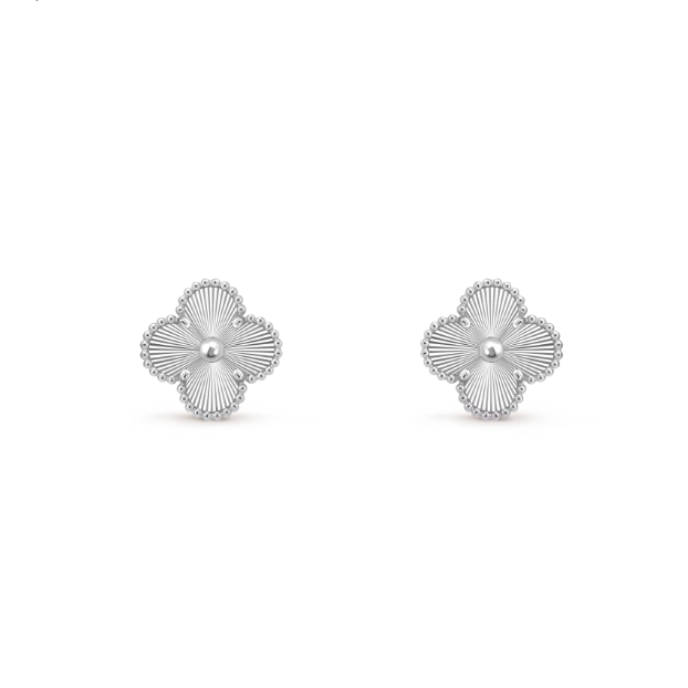 Vintage Clover Earrings - White Gold - Guilloché