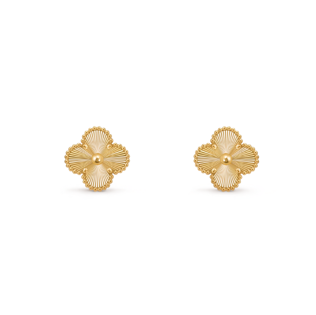 Vintage Clover Earrings - Yellow Gold - Guilloché